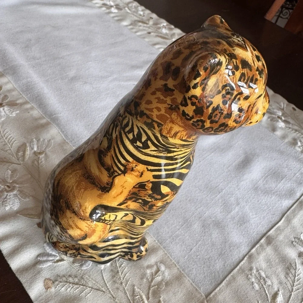 La Vie Leopard Cheetah Patchwork Quilt Paper Mache Figurine Ceramic 8